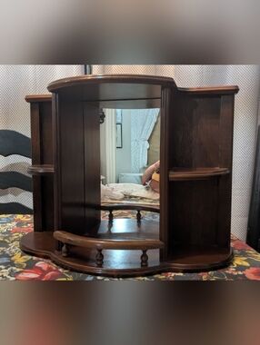 Vintage Wood Display Case Curio Cabinet W/Mirror & 4 Shelves Wall Mount Or Table